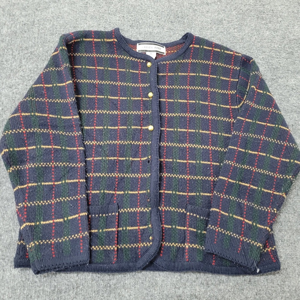 Crystal Kobe Cardigan Womens XL Navy Blue Plaid Gold Button Knit Pocket Classic